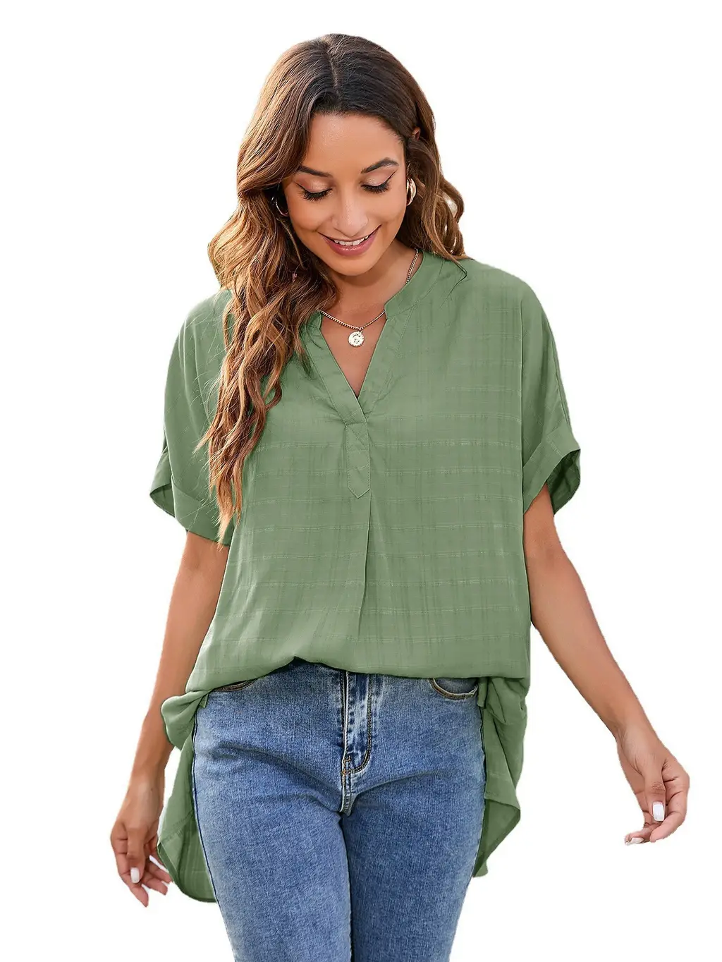 European And American Women's V-neck Casual Pullover Loose Shirt - Bean Green