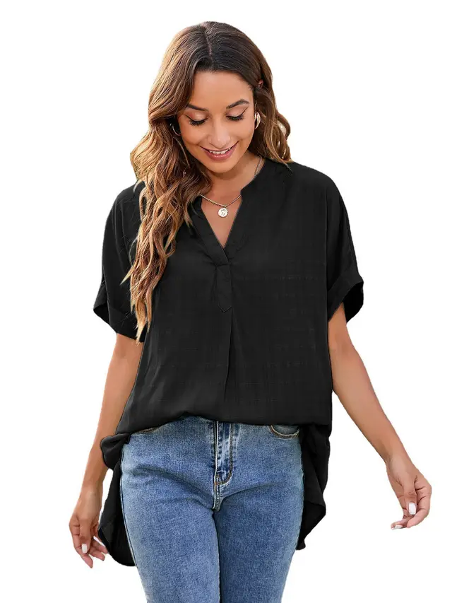 European And American Women's V neck Casual Pullover Loose Shirt Black - Shop at LoveMi