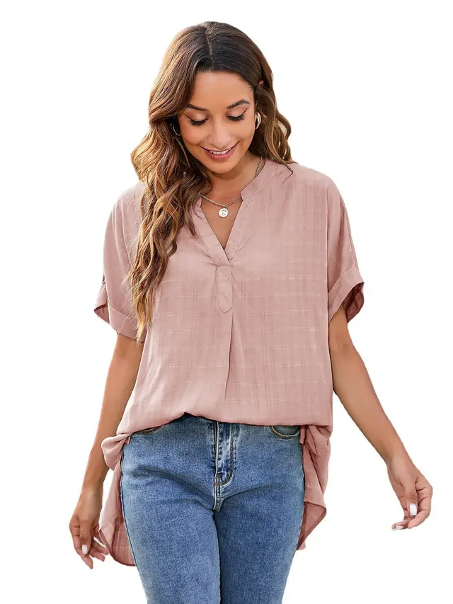 European And American Women's V neck Casual Pullover Loose Shirt Pink - Shop at LoveMi