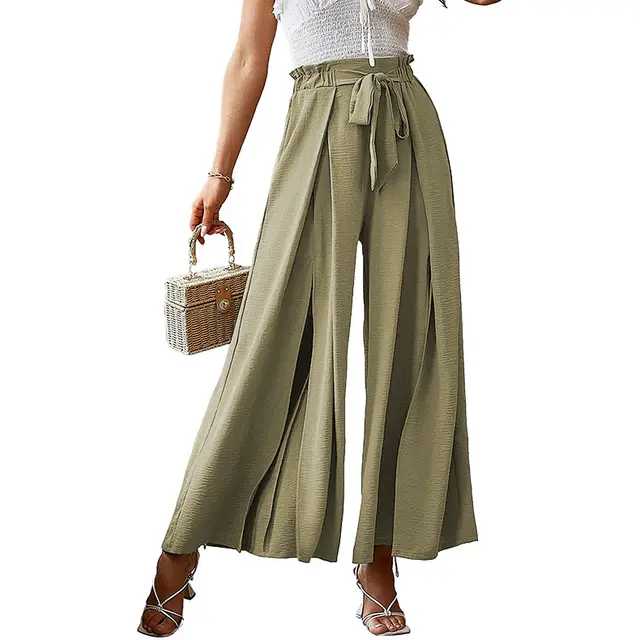 European And American Bow Loose High Waist Pleated Wide Leg Pants Green - Shop at LoveMi