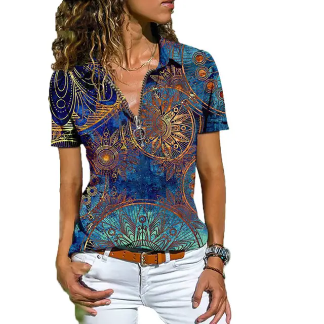 New Women's Boho Zip Short Sleeve T Shirt Picture4 - Shop at LoveMi