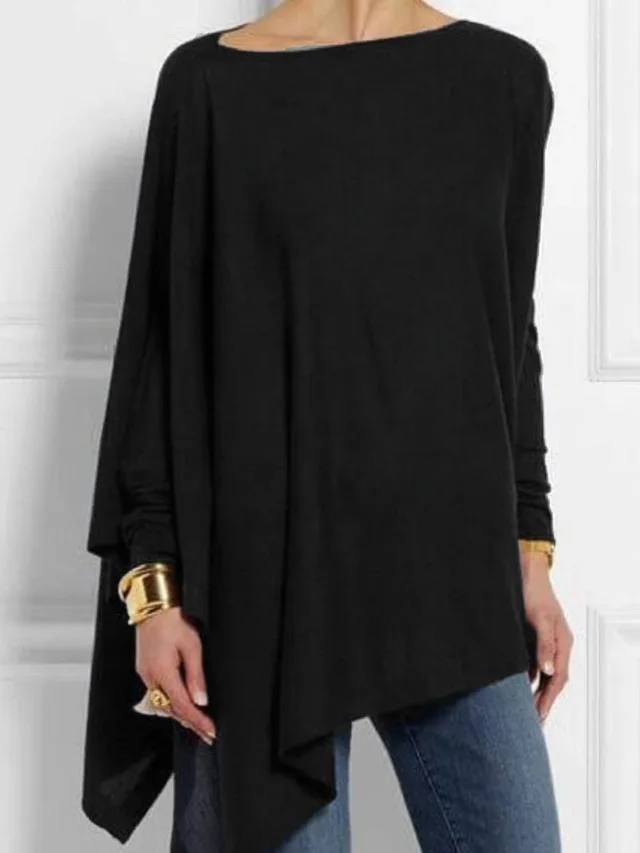 Women's Long Sleeve Irregular Solid Color Pullover T Shirt Tops Black - Shop at LoveMi