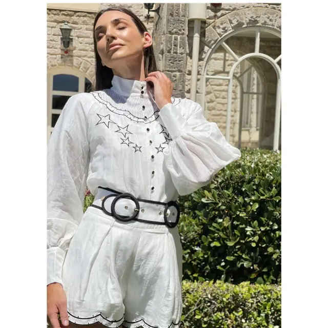 XINGX Cotton Embroidered Casual Vacation Shirt Top High Waist Shorts Suit White - Shop at LoveMi