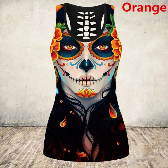 Cross Border European And American Halloween Skull Digital Printing I shaped Vest Women's Bottoming Shirt E9J885 Orange - Shop at LoveMi