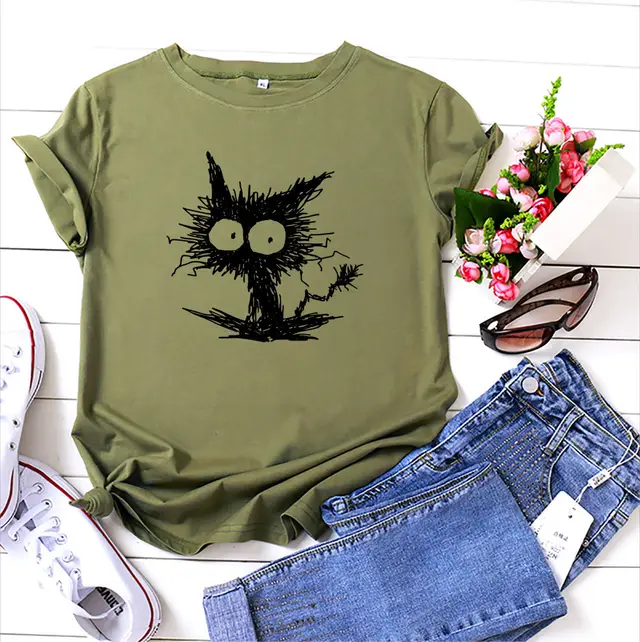 Spot European And American Fashion Cross border Cat Printing Casual Cotton Short Sleeve T shirt Women's Clothing Army Green Black Picture - Shop at LoveMi