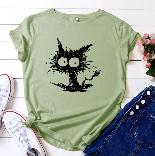 Spot European And American Fashion Cross border Cat Printing Casual Cotton Short Sleeve T shirt Women's Clothing Bean Green Black Picture - Shop at LoveMi