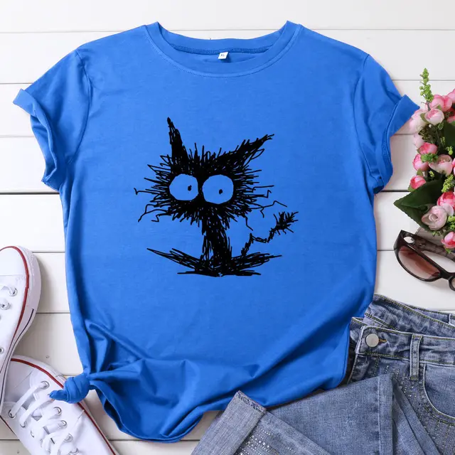 Spot European And American Fashion Cross border Cat Printing Casual Cotton Short Sleeve T shirt Women's Clothing Blue And Black Picture - Shop at LoveMi