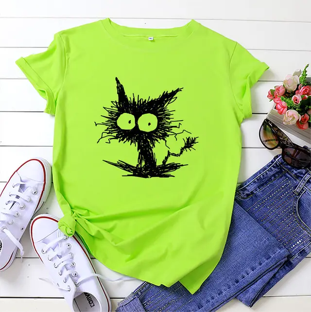 Spot European And American Fashion Cross border Cat Printing Casual Cotton Short Sleeve T shirt Women's Clothing Green Black Picture - Shop at LoveMi