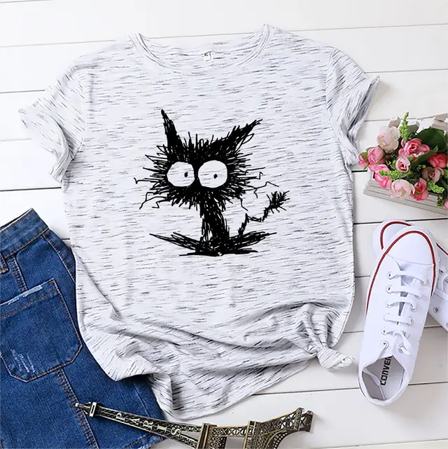 Spot European And American Fashion Cross border Cat Printing Casual Cotton Short Sleeve T shirt Women's Clothing Marble Black Picture - Shop at LoveMi