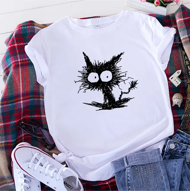 Spot European And American Fashion Cross border Cat Printing Casual Cotton Short Sleeve T shirt Women's Clothing White And Black Picture - Shop at LoveMi