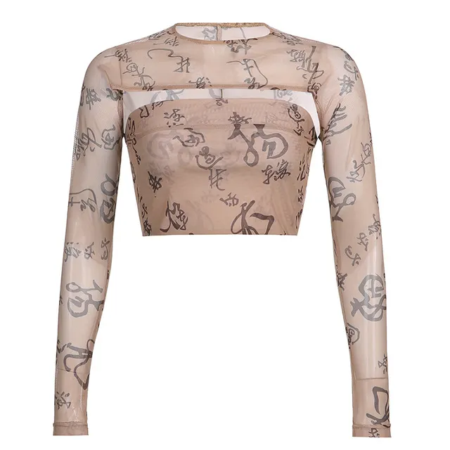 Women's Traditional Mesh Print Short Cutout Top Brown - Shop at LoveMi