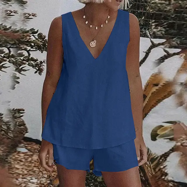 Simple Casual Suit Elastic Waist Shorts Two piece Set Blue - Shop at LoveMi