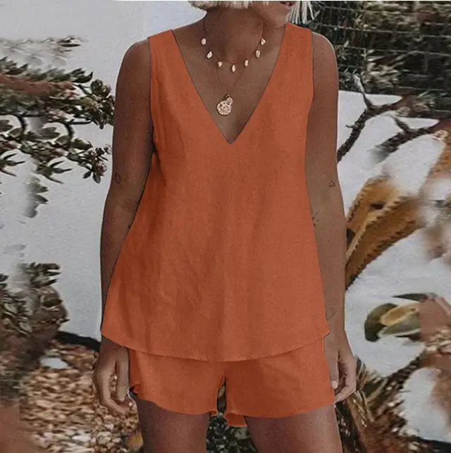 Simple Casual Suit Elastic Waist Shorts Two-piece Set - Orange - View 1