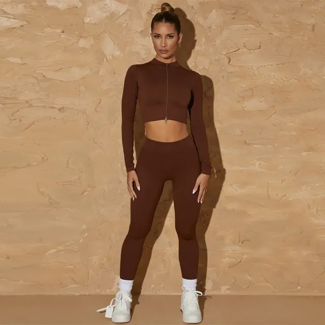 New Seamless Yoga Clothes Women's Autumn And Winter Zipper Long sleeved Fitness Suit Slim Fit Running Fitness Sportswear Brown - Shop at LoveMi