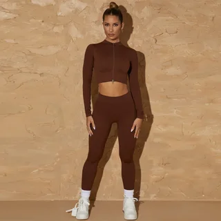New Seamless Yoga Clothes Women's Autumn And Winter Zipper Long-sleeved Fitness Suit Slim Fit Running Fitness Sportswear - Brown