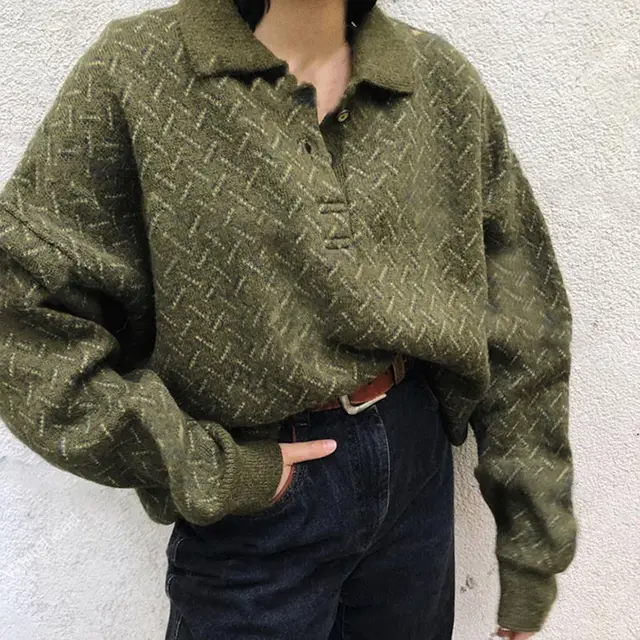 Loose Trendy Ins Lapel Simple Sweater Green - Shop at LoveMi