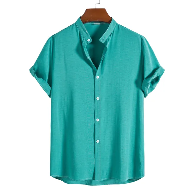 Men's FashionCasual Short Sleeve Stand Collar Shirt Blue - Shop at LoveMi
