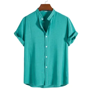 Men's FashionCasual Short Sleeve Stand Collar Shirt - Blue