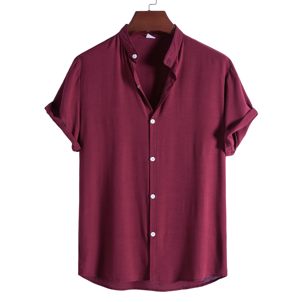Men's FashionCasual Short Sleeve Stand Collar Shirt Wine Red - Shop at LoveMi