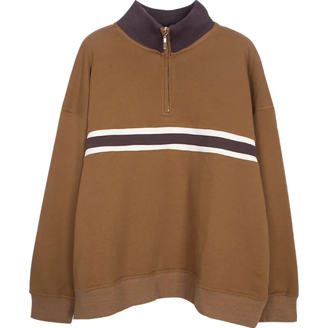 Women's American Retro Brown Patchwork Hoodless Stand Collar Pullover Sweatshirt Brown - Shop at LoveMi