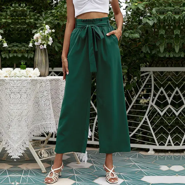 New Women's High Waist Fashion Casual Wide Leg Pants - Dark Green