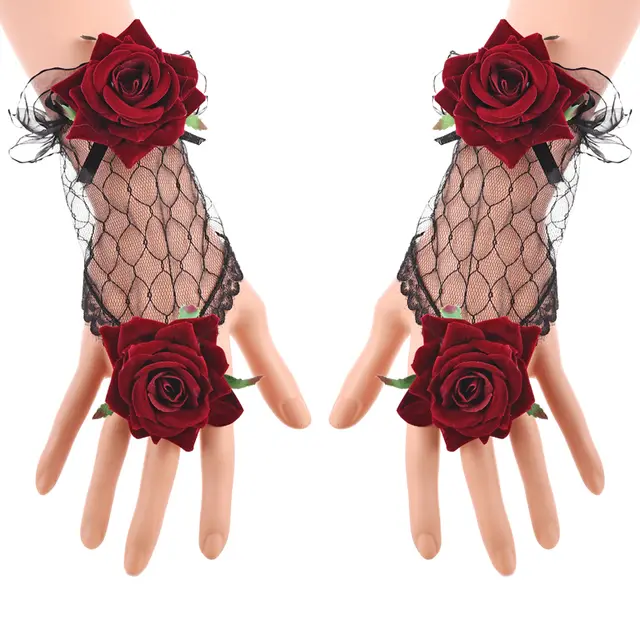 Vintage Lolita Lace Gloves Burgundy Rose Bracelet Wine Red - Shop at LoveMi