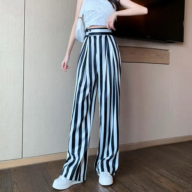 Women's New Vertical Striped Casual Loose Suit Wide Leg Pants Black And White Stripes - Shop at LoveMi