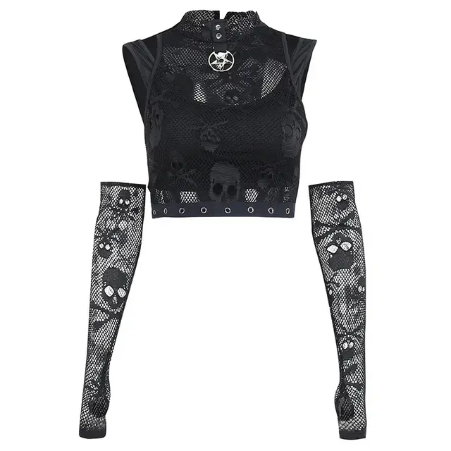 Mesh Sleeve Lace Sheer Gothic Tank Top Two Piece - Black