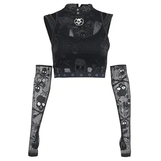 Mesh Sleeve Lace Sheer Gothic Tank Top Two Piece - Black