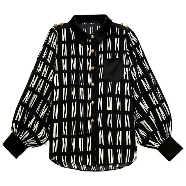 Letter Print Stitching Shirt Women's New Loose Lantern Sleeves - Black
