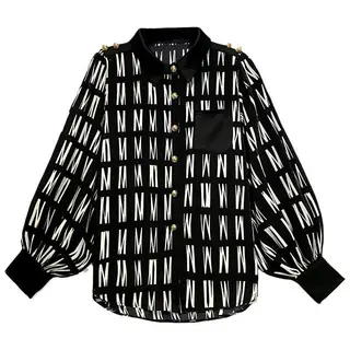 Letter Print Stitching Shirt Women's New Loose Lantern Sleeves - Black