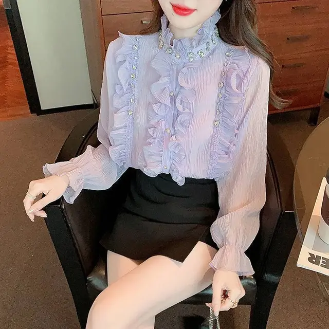 Women's Pure Desire Chiffon Fashion Fungus Edge Top Shirt Light Purple - Shop at LoveMi