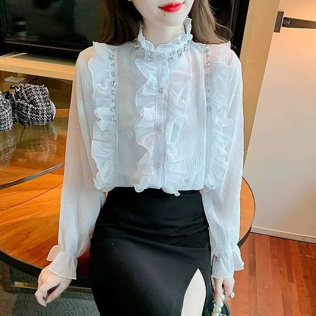 Women's Pure Desire Chiffon Fashion Fungus Edge Top Shirt White - Shop at LoveMi