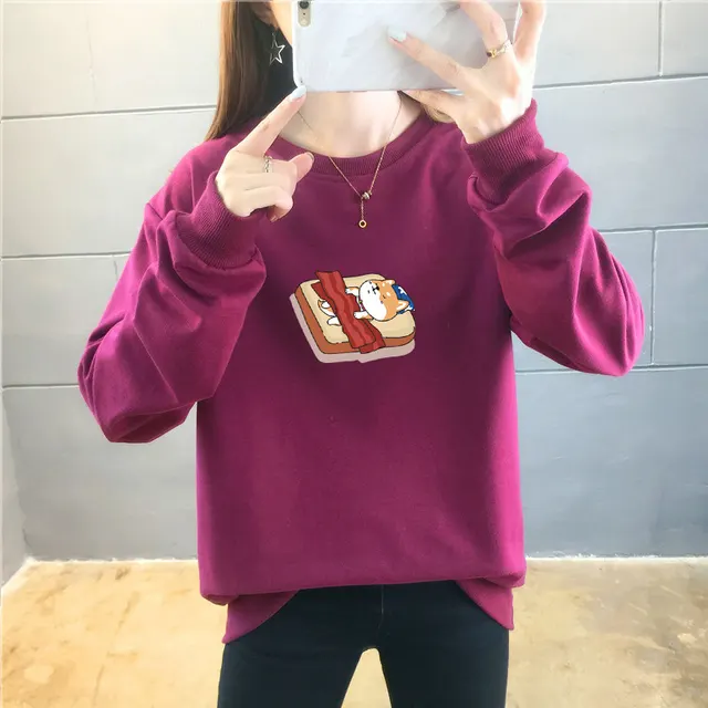 Student Casual Cartoon Top Trendy Round Neck Wine Red - Shop at LoveMi