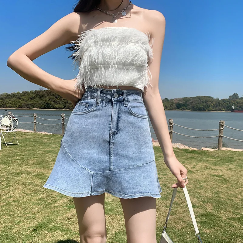 Waist Slim A line Package Hip Fishtail Skirt Blue - Shop at LoveMi