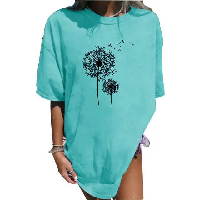 Summer Plus Size Women's Clothes Dandelion Printed Mid length T shirt Blue - Shop at LoveMi