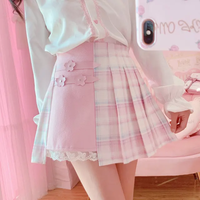 Color Blocking Skirt Korean Version All Match Anti Glare Short High Waisted Hakama Pink - Shop at LoveMi