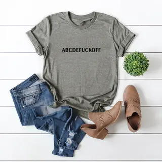 In Stock European And American Spoof Letter Fuck Off Short Sleeve Women's T-shirt - Gray