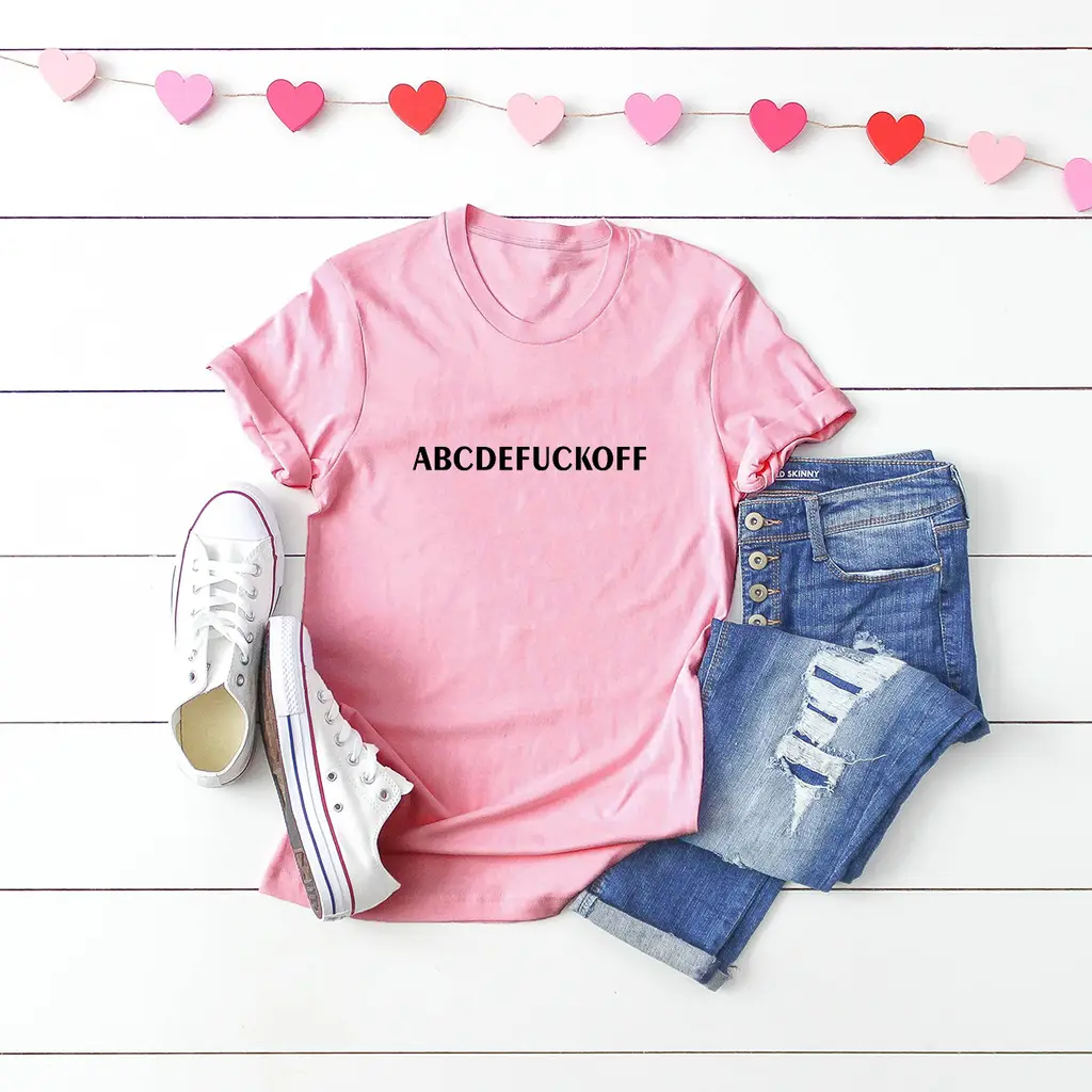 In Stock European And American Spoof Letter Fuck Off Short Sleeve Women's T-shirt - Pink