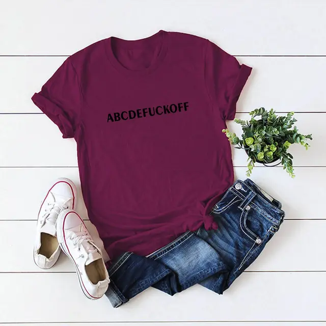 In Stock European And American Spoof Letter Fuck Off Short Sleeve Women's T shirt Wine Red - Shop at LoveMi