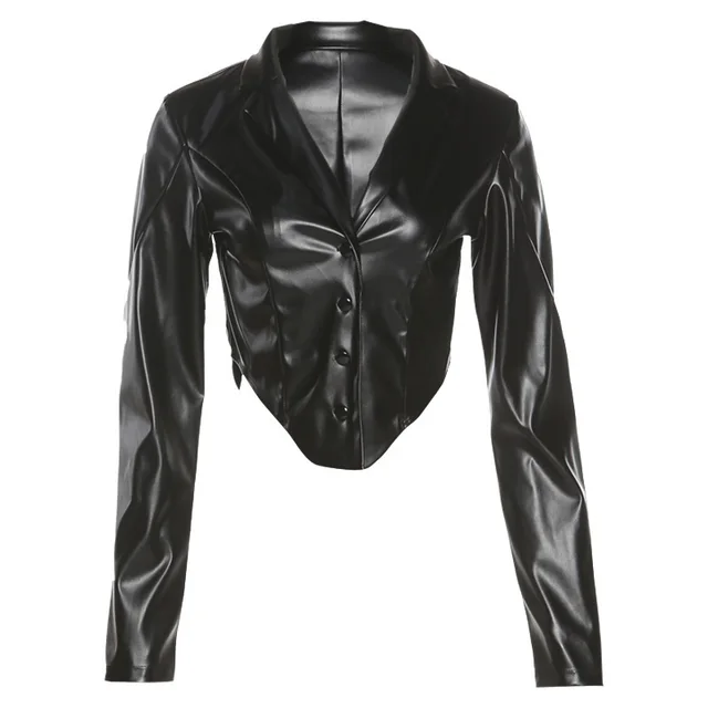 Long Sleeve Suit Collar Slim Fit Cardigan PU Leather Top Black - Shop at LoveMi