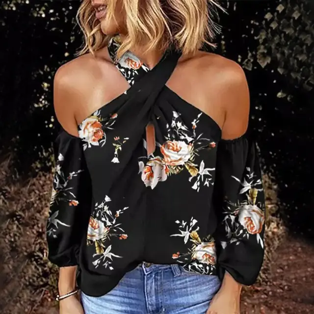 European And American Print Women's Long sleeve Halterneck Open back Loose Top White - Shop at LoveMi