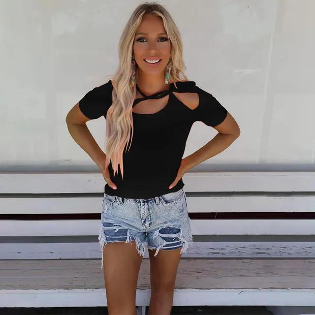 Women's Fashion Solid Color Round Neck Tie Short Sleeve Casual T Shirt Black - Shop at LoveMi