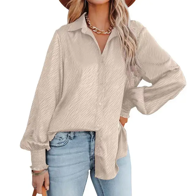 Zebra Print Lapel Buttoned Top Women's Lantern Long Sleeve Shirt Champagne - Shop at LoveMi