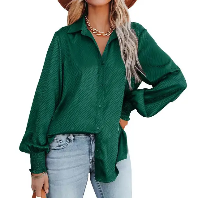 Zebra Print Lapel Buttoned Top Women's Lantern Long Sleeve Shirt Green - Shop at LoveMi