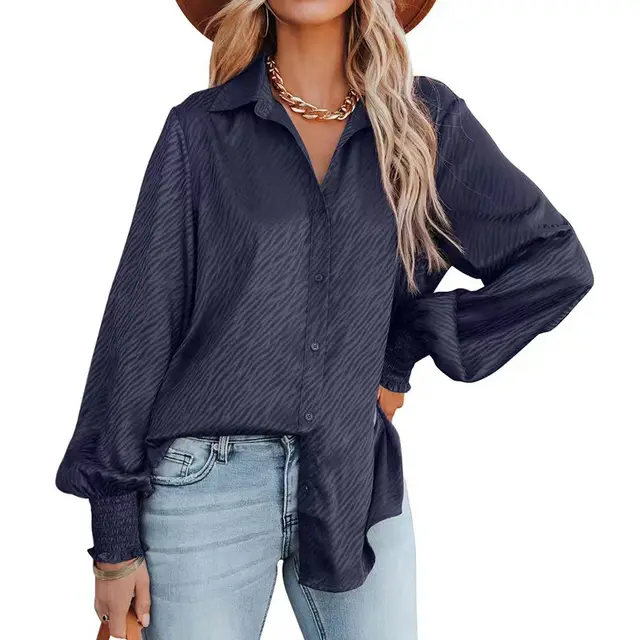 Zebra Print Lapel Buttoned Top Women's Lantern Long Sleeve Shirt Navy Blue - Shop at LoveMi