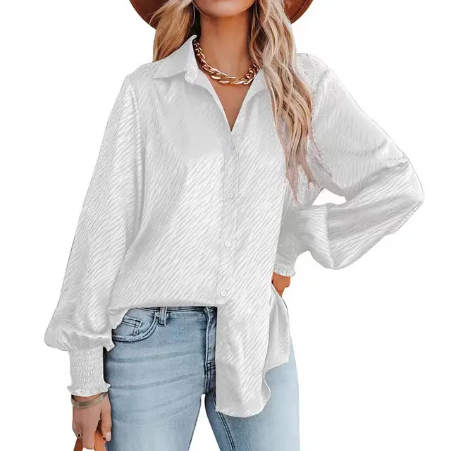Zebra Print Lapel Buttoned Top Women's Lantern Long Sleeve Shirt White - Shop at LoveMi