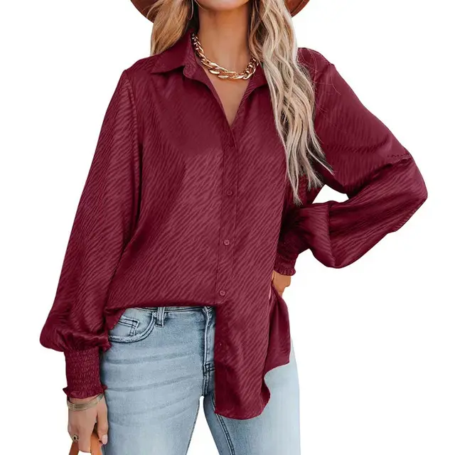 Zebra Print Lapel Buttoned Top Women's Lantern Long Sleeve Shirt Wine Red - Shop at LoveMi