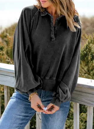 Long-sleeve Blue-dyed V-neck Pullover Sweatshirt - Black