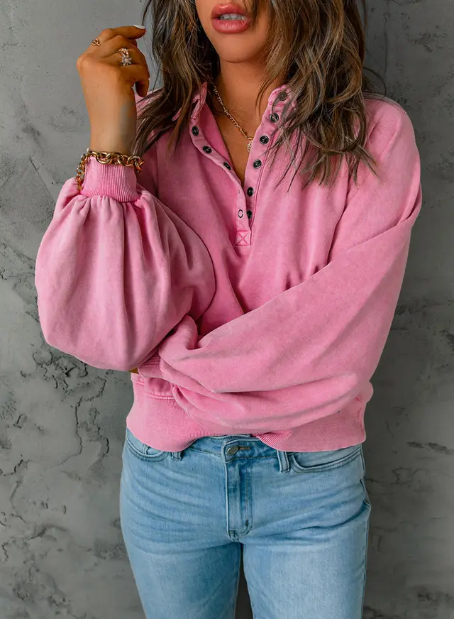 Long sleeve Blue dyed V neck Pullover Sweatshirt Pink - Shop at LoveMi